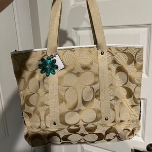 Beige/White Canvas and Leather Coach Large Tote Bag